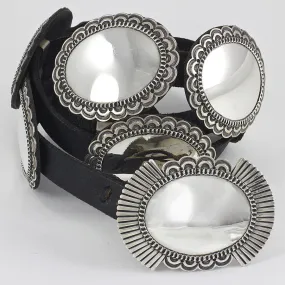 A Cadman Black Leather and Polished Sterling Silver Concho Belt