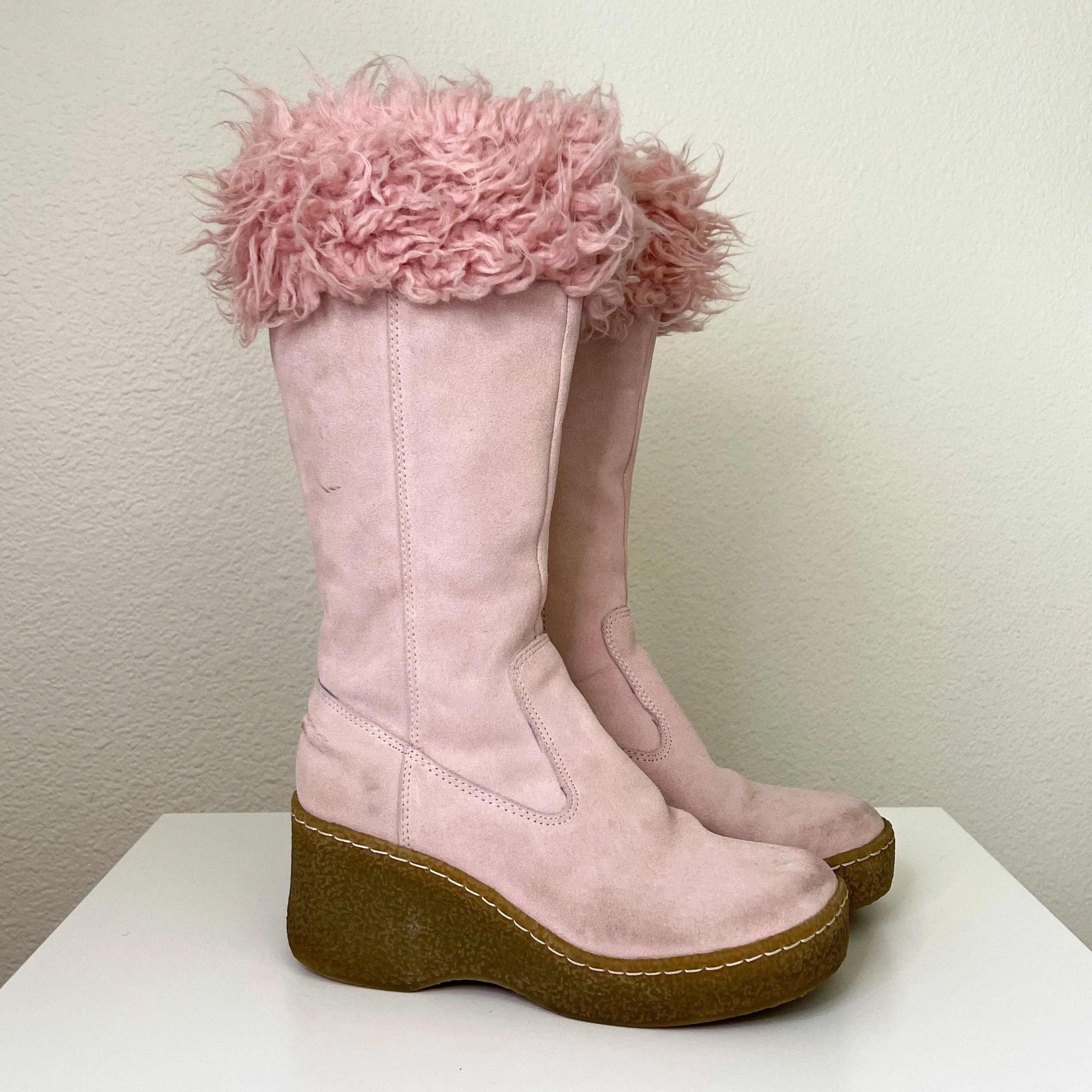 Pink Suede Sherpa Platform Boots