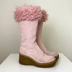 Pink Suede Sherpa Platform Boots