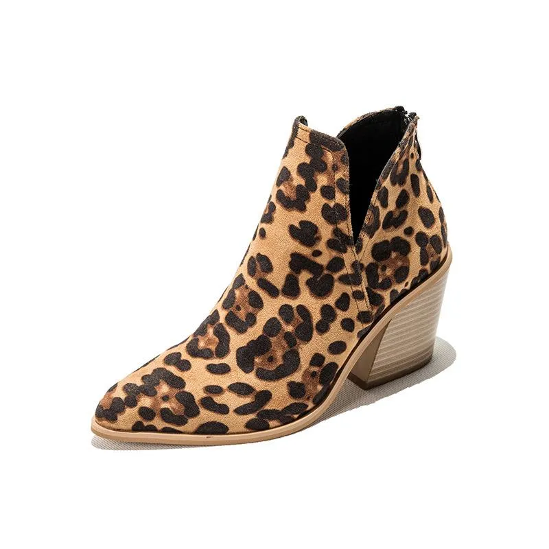 Women's side v cut stacked block heel pointed toe ankle booties
