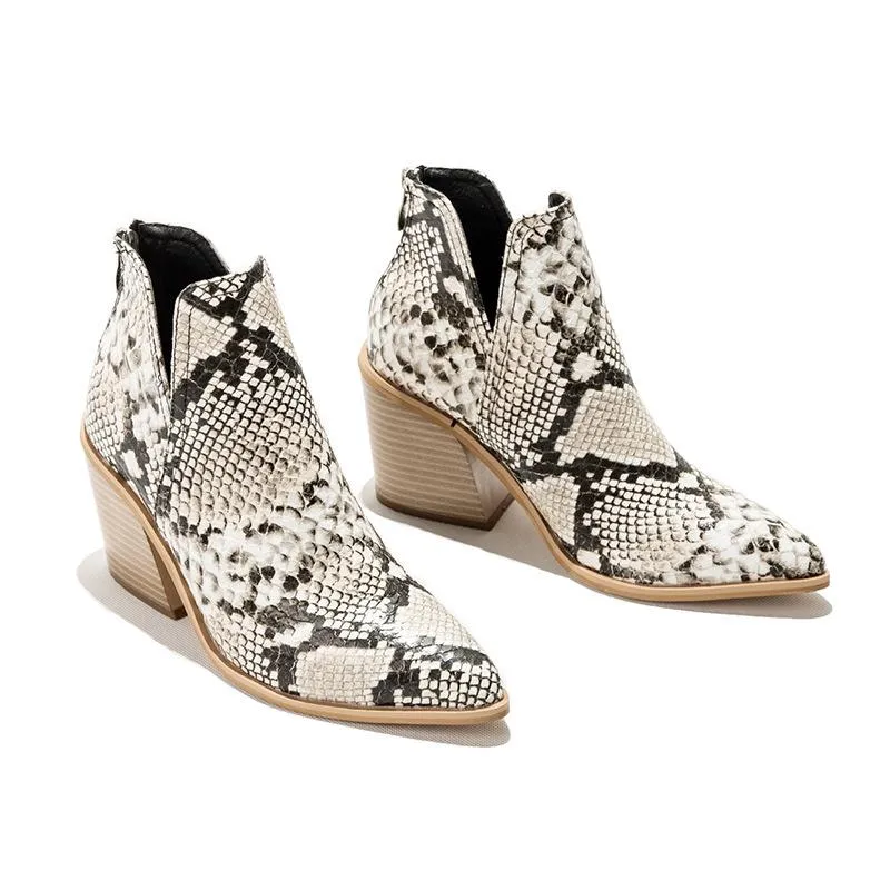 Women's side v cut stacked block heel pointed toe ankle booties
