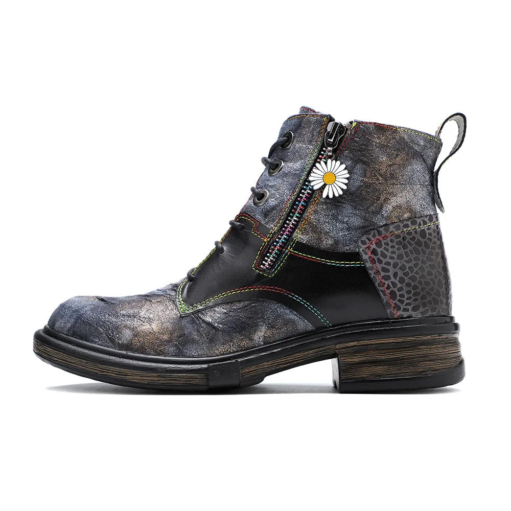 Women's vintage black metallic leopard patchwork biker boots front lace ankle booties