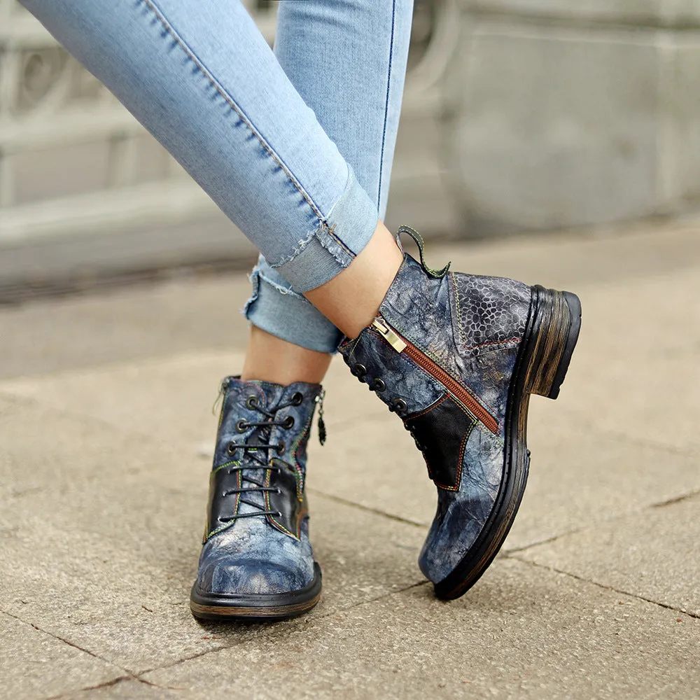 Women's vintage black metallic leopard patchwork biker boots front lace ankle booties
