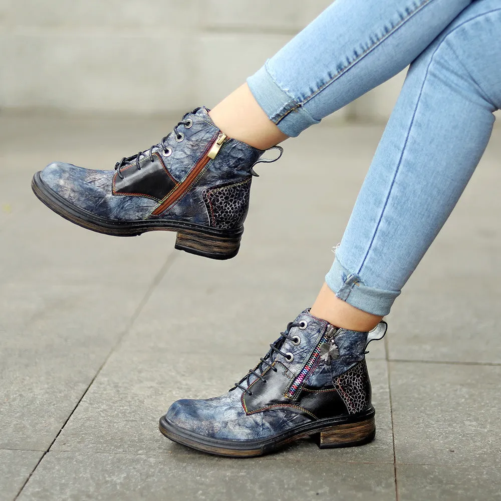 Women's vintage black metallic leopard patchwork biker boots front lace ankle booties