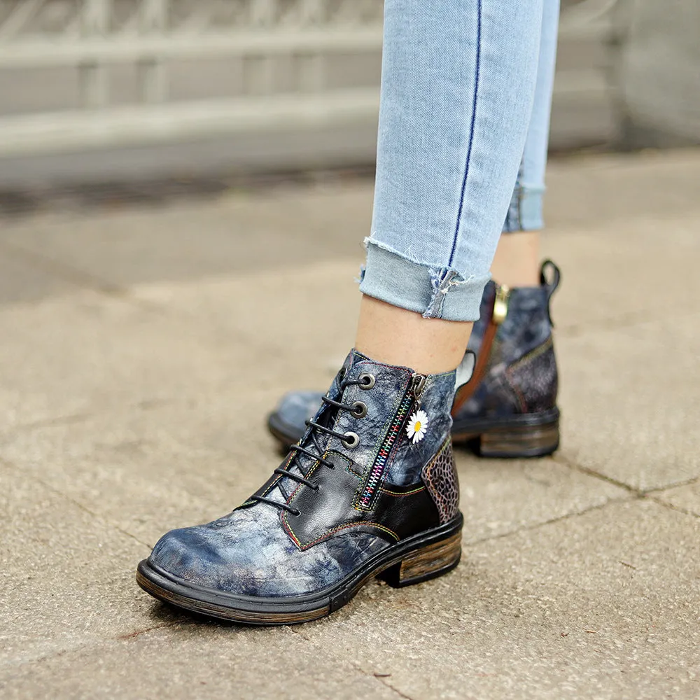 Women's vintage black metallic leopard patchwork biker boots front lace ankle booties